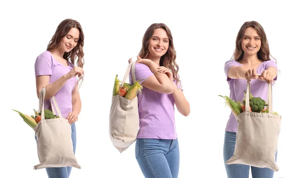 Collage Young Woman Fresh Products Grocery Bag White Background — Stock Photo, Image