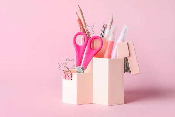 Cups Stationery Supplies Pink Background — 스톡 사진