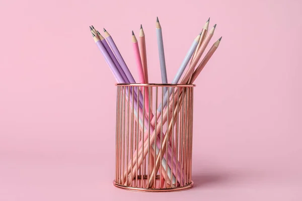 Metal Cup Pencils Pink Background — Stok fotoğraf