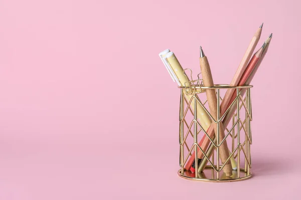Golden Cup Pens Pencils Pink Background —  Fotos de Stock