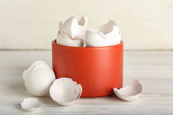 Bowl Broken Egg Shells White Wooden Background — Photo