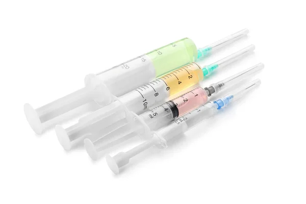 Different Medical Syringes Vaccine White Background — Fotografia de Stock