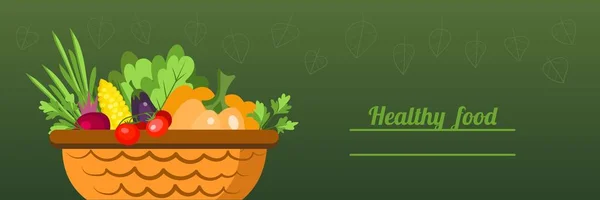 Wicker Basket Different Vegetables Text Healthy Food Green Background — Stockvector