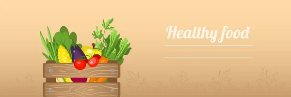 Box Different Vegetables Text Healthy Food Beige Background — Archivo Imágenes Vectoriales
