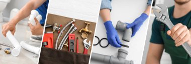 Collage with professional plumber and tools