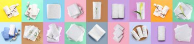 Set of soft towels on colorful background, top view