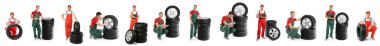 Set of male mechanics with car tires on white background