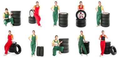 Set of female mechanics with car tires on white background