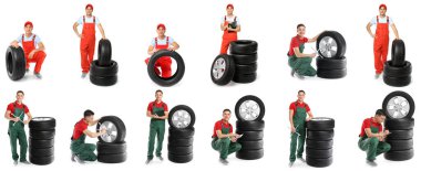 Set of male mechanics with car tires on white background