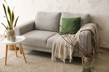 Sofa and table with houseplant in interior of light living room