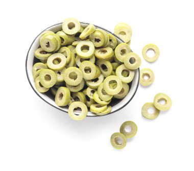Bowl with cut green olives on white background