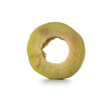 Slice of delicious green olive on white background