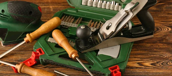 Set Carpenter Tools Wooden Background Closeup — Stock Photo, Image