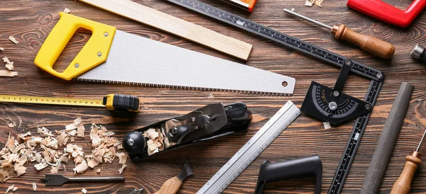 Set Carpenter Tools Wooden Background Top View — Fotografia de Stock