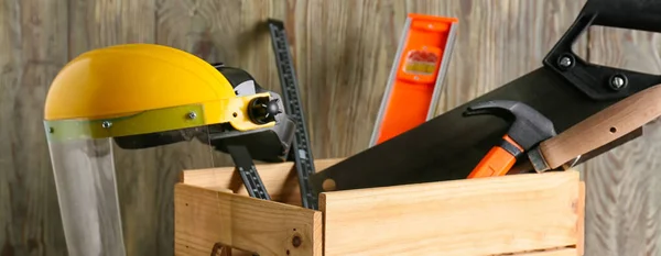Set Carpenter Tools Wooden Background — Stock Photo, Image