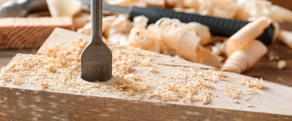 Drilling Wooden Plank Closeup — Stock Photo, Image