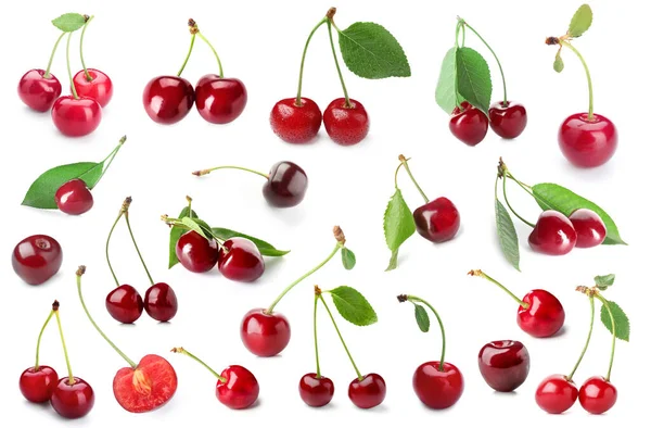 Set Sweet Cherries Isolated White — Stockfoto