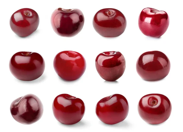 Set Many Cherries Isolated White — 图库照片