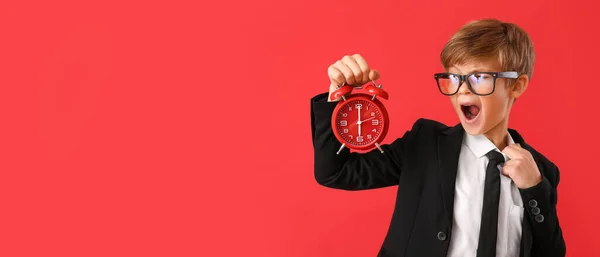 Displeased Little Businessman Holding Alarm Clock Red Background Space Text — Foto Stock