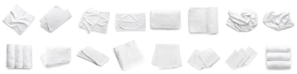 Set Clean Soft Towels White Background Top View — Stockfoto