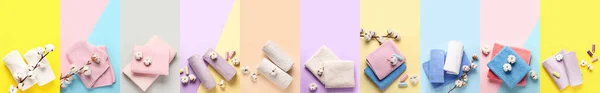 Set Clean Cotton Towels Colorful Background Top View — Stockfoto