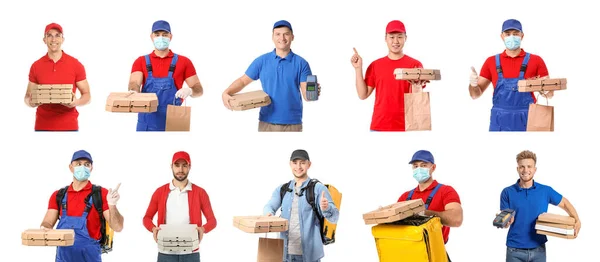 Set Couriers Tasty Pizza Isolated White — Stockfoto