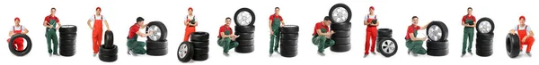 Set Male Mechanics Car Tires White Background — Foto de Stock