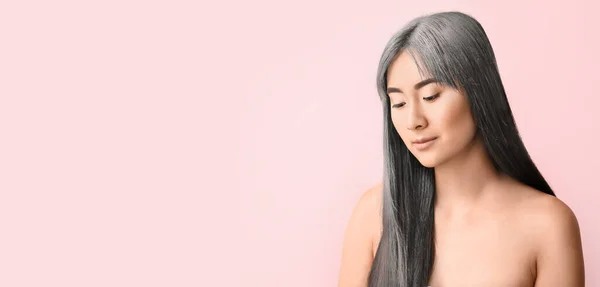 Asian Woman Graying Hair Pink Background Space Text — ストック写真