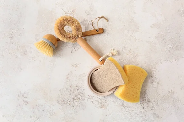 Different Cleaning Supplies Grunge Background — 스톡 사진