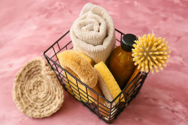 Basket Different Cleaning Supplies Color Background — Fotografia de Stock