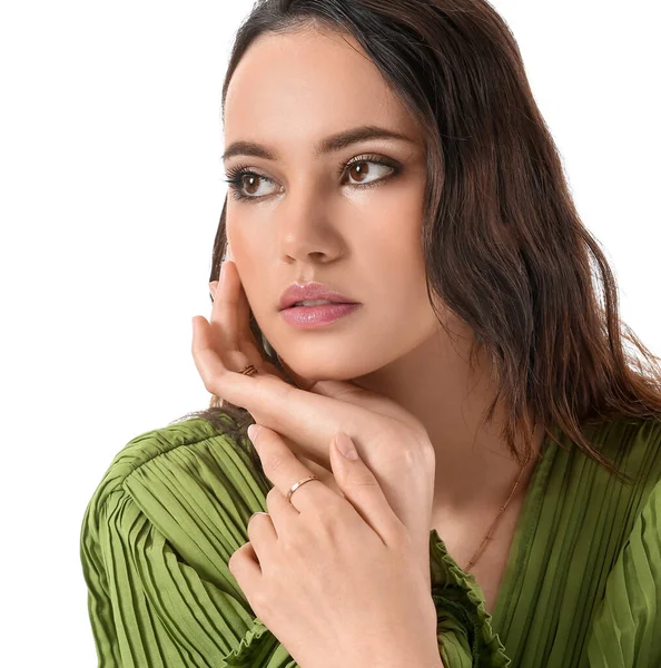 Beautiful Young Woman Stylish Jewelry Isolated White — Stock Photo, Image