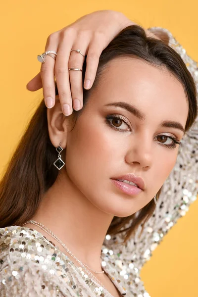 Beautiful Young Woman Stylish Jewelry Yellow Background — Stock Photo, Image