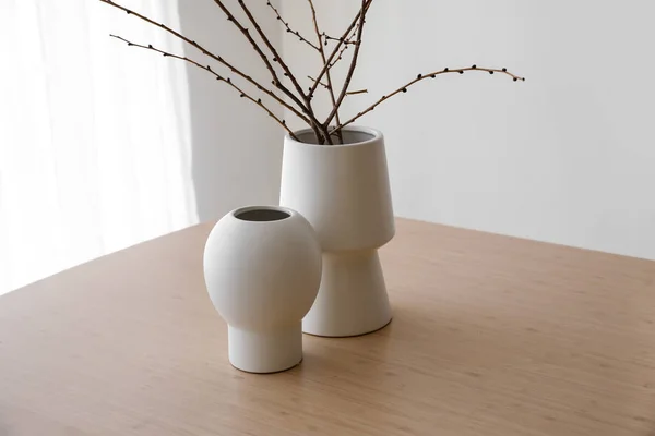 Vases Branches Wooden Table Room — Stockfoto