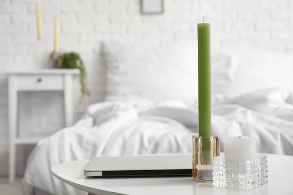 Candles Laptop Table Bedroom — Fotografia de Stock