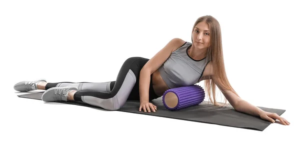 Young Woman Training Foam Roller White Background — Stock Photo, Image
