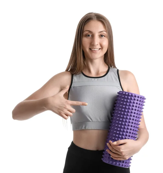 Young Woman Pointing Foam Roller White Background — Foto de Stock