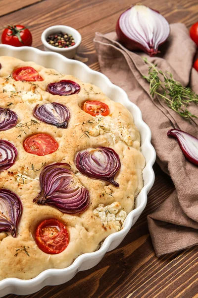 Baking Dish Traditional Italian Focaccia Wooden Table Closeup — Stockfoto