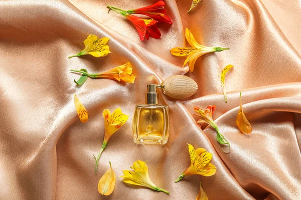 Composition Bottle Perfume Alstroemeria Flowers Fabric Background — 스톡 사진
