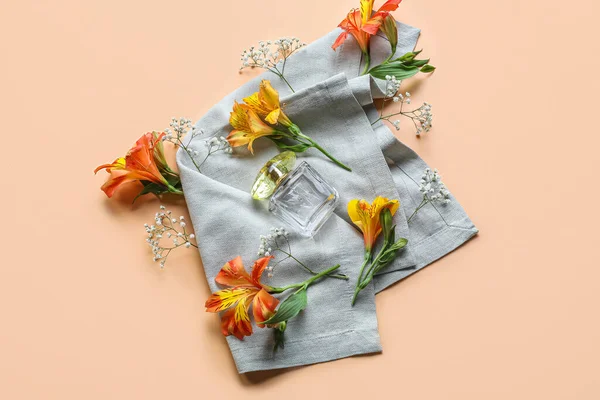 Composition Bottle Perfume Alstroemeria Flowers Napkin Color Background — Stockfoto