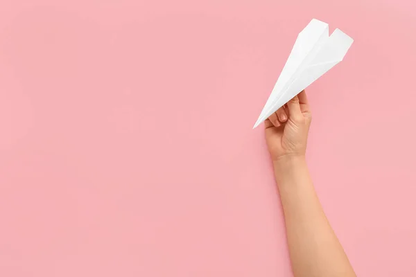 Woman White Paper Plane Pink Background — 图库照片