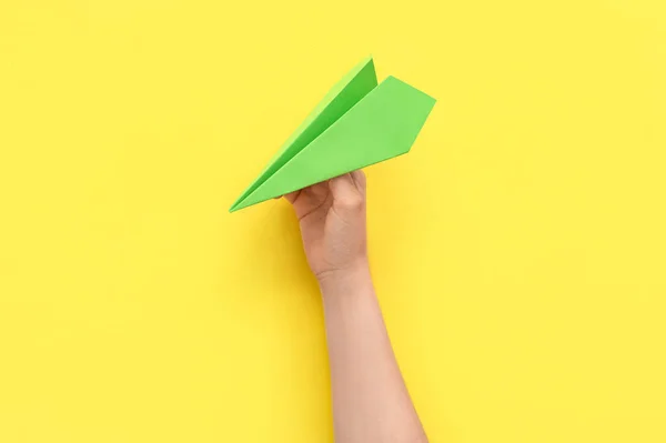 Woman Green Paper Plane Yellow Background — Foto de Stock