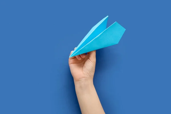 Woman Blue Paper Plane Color Background — Photo