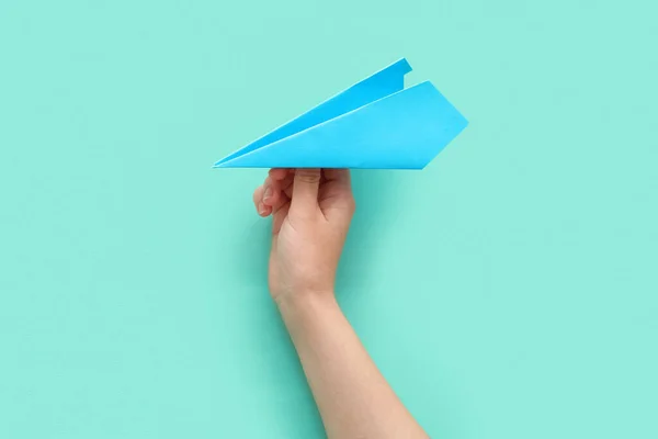 Woman Blue Paper Plane Color Background — Foto de Stock