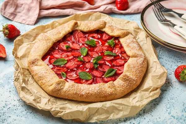 Tasty Strawberry Galette Color Background Closeup — Photo