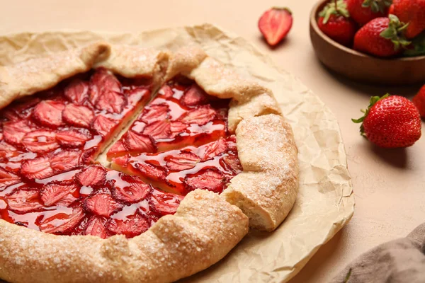 Tasty Strawberry Galette Color Background Closeup — Photo