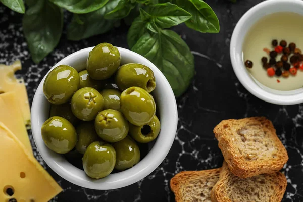 Bowl Delicious Green Olives Dark Table Closeup — Photo