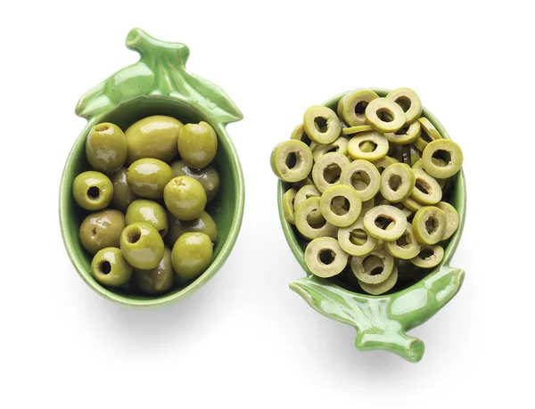 Bowls Cut Green Olives White Background — Stock Fotó