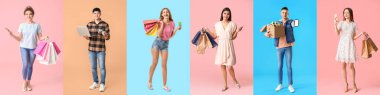 Set of people with bags, laptop and credit cards on color background. Online shopping