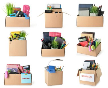 Boxes with personal things of dismissed workers on white background