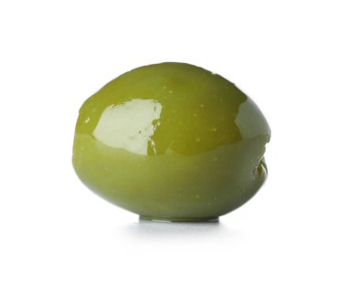 One delicious green olive on white background